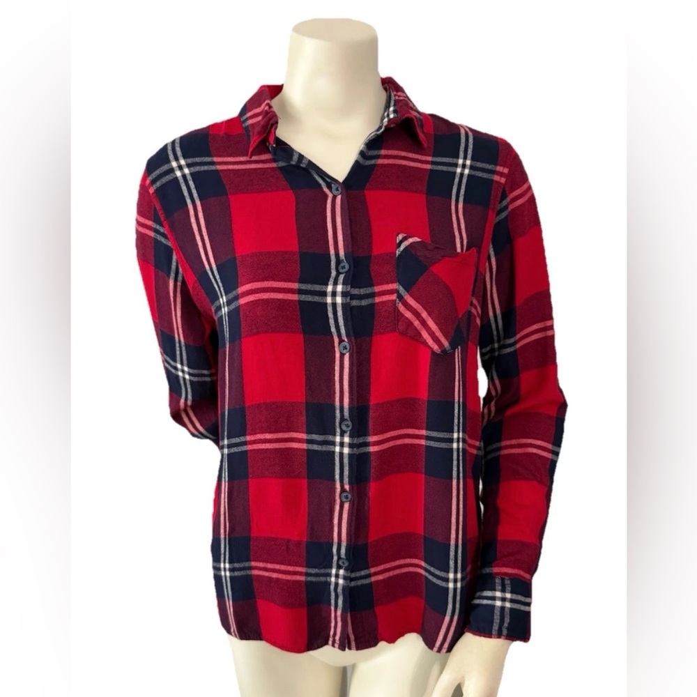 Woolrich XL Plaid Flannel Shirt Red Navy Button Front Long Sleeve Casual Outdoor